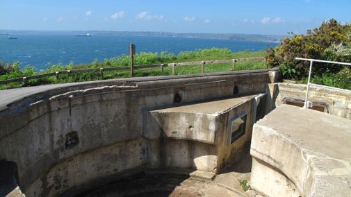 Looking onto the old gun emplacement at St Anthony Head with the sea and Falmouth beyond